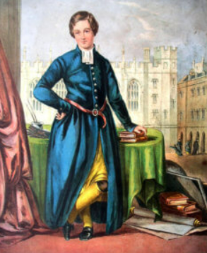 painting of a man in a blue outfit standing next to a desk